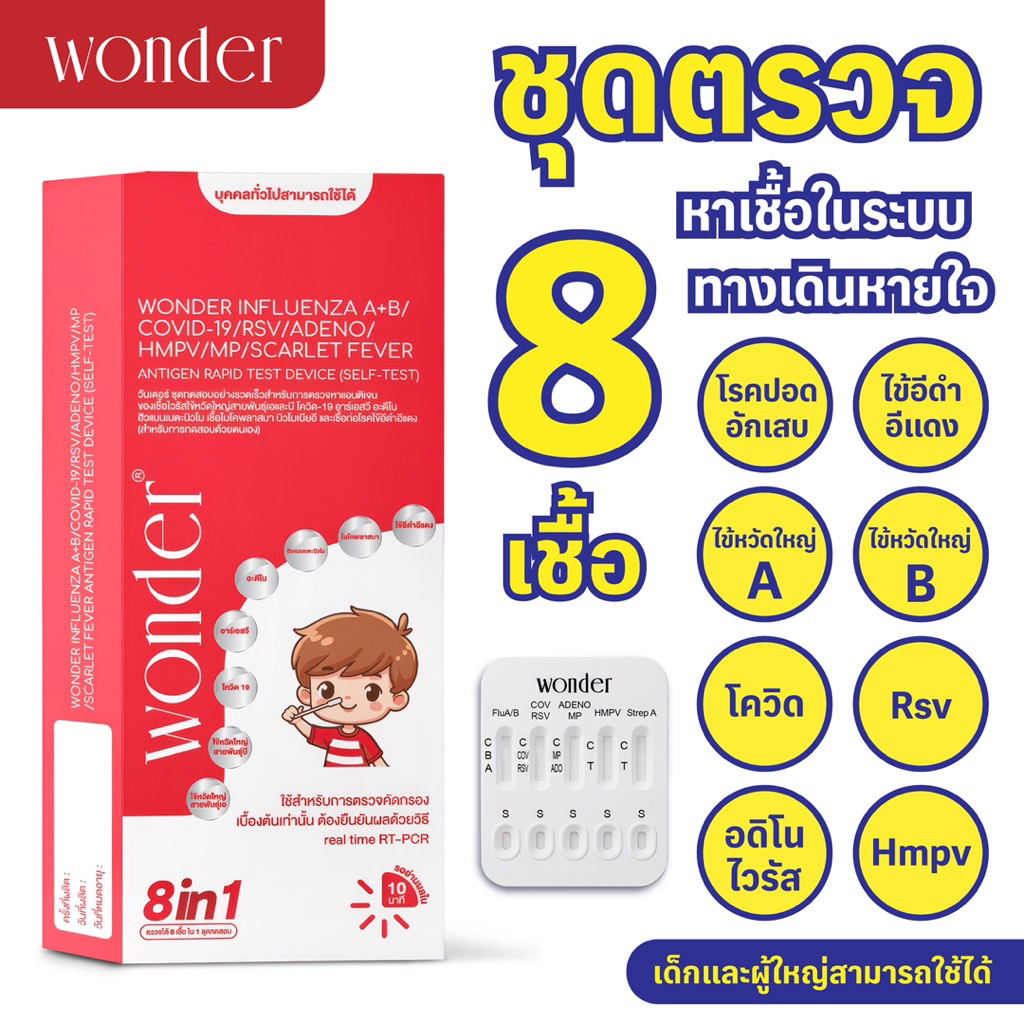 Wonder วันเดอร์ ชุดตรวจไข้หวัดใหญ่ + ระบบทางเดินหายใจ + ไข้ผื่นแดง (อีดำอีแดง) 8in1  เด็กและผู้ใหญ่ใช้ได้