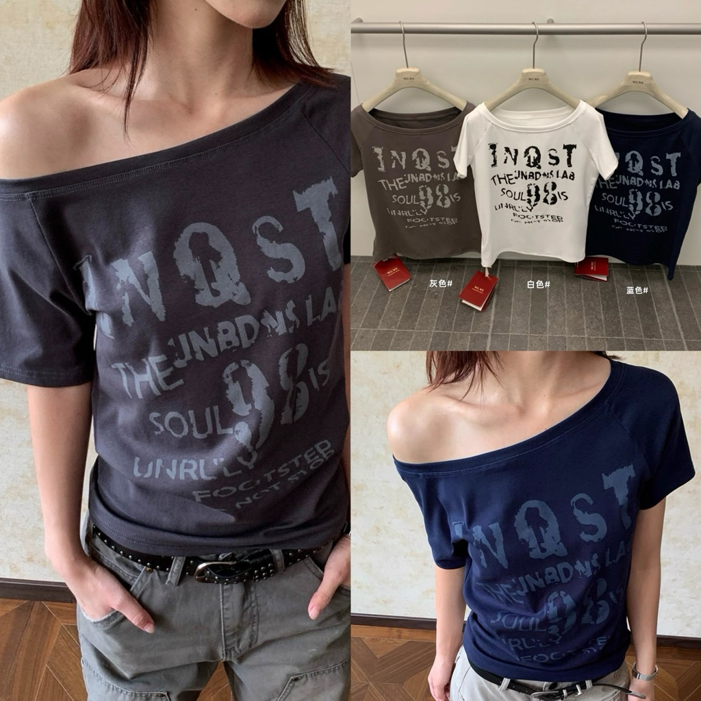 9029# เสื้อคอกว้างแขนสั้นสกรีนลายช่วงอก เนื้อผ้าดี ใส่สบาย  TAG:WG.WE ราคา ถูกที่สุด ดีลบีเคเค