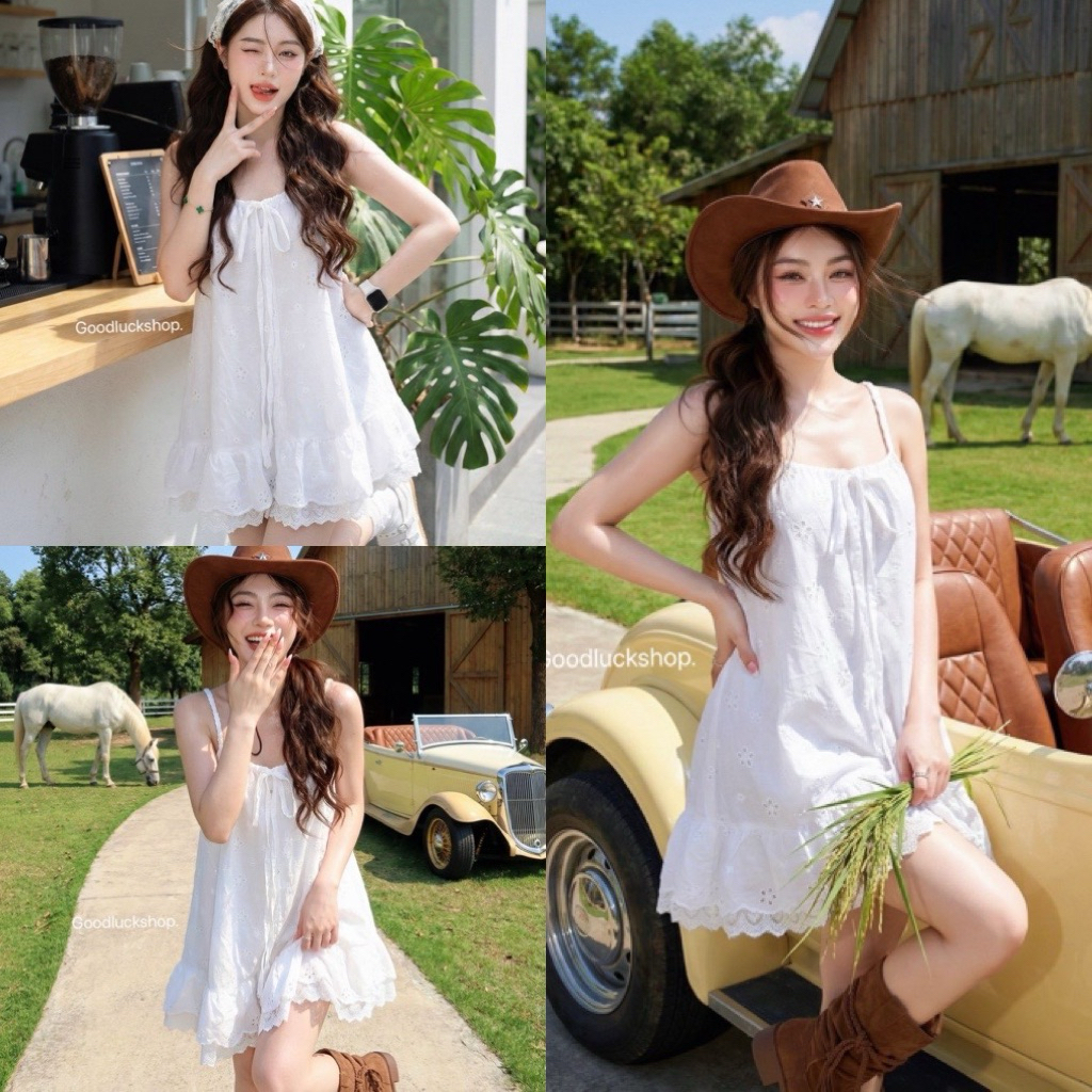 🍃🕊️มินิเดรส babydoll ผ้าลูกไม้linen สายเดี่ยวสายถักเปียเล็กน้อย ช่วงกระโปรงจะบานสวยแบบbabydoll  ชุดไปทะเล เดรสสวย