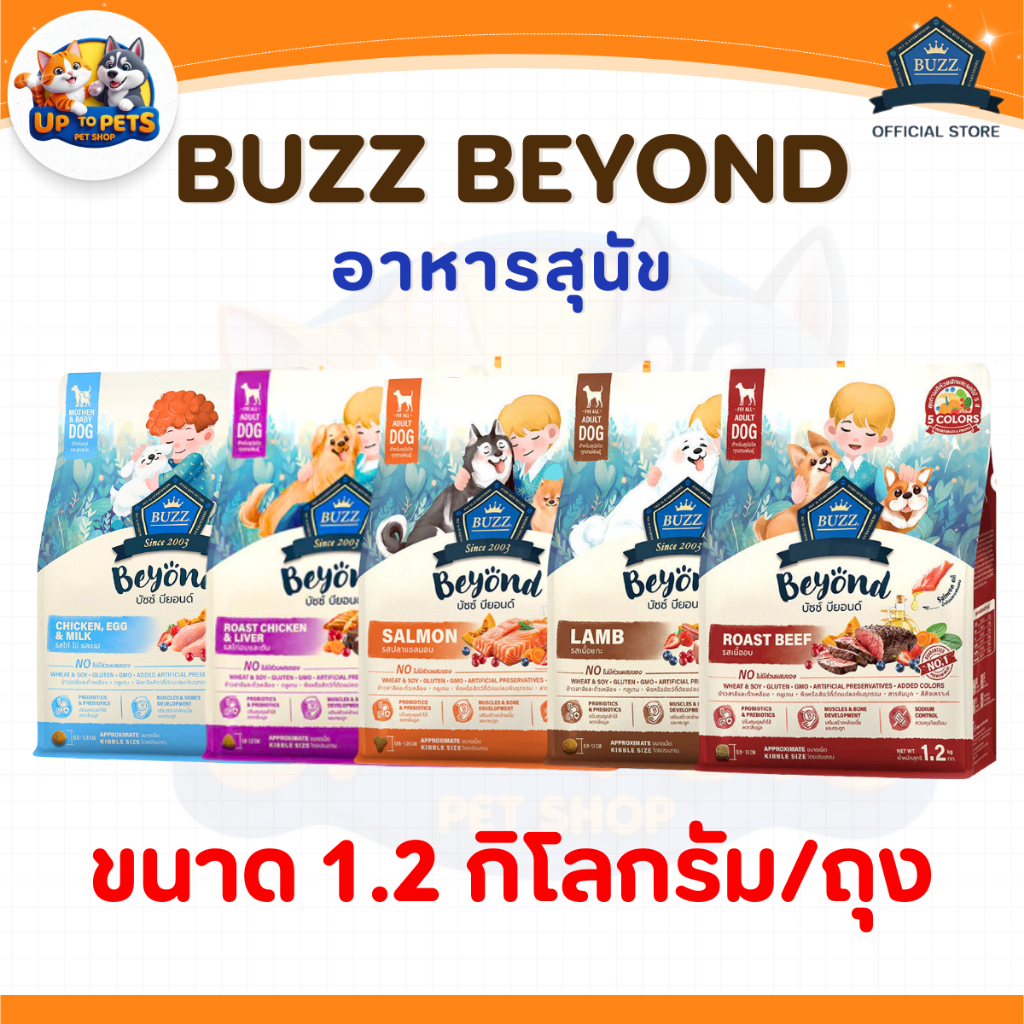 [  1 กิโลกรัม.] Buzz Beyond อาหารเม็ดสุนัข บัซซ์ บียอนด์ สำหรับลูกสุนัขและสุนัขโต ทุกสายพันธุ์