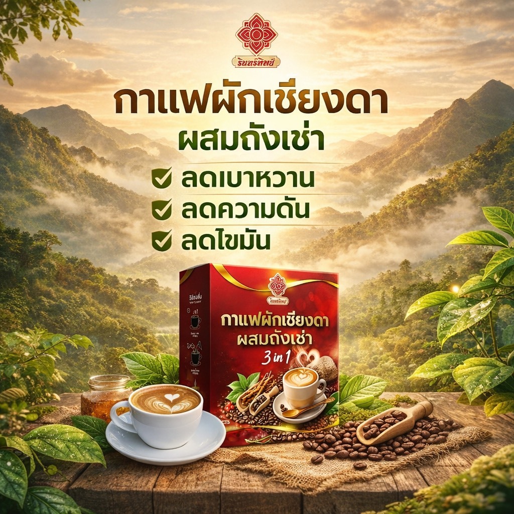 กาแฟผัก ผักเชียงดาผสมถังเช่า และสมุนไพร12ชนิด ลดเบาหวาน ความดัน [1 แถม 2]