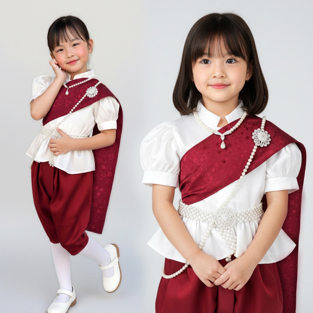 ชุดไทยเด็ก สีดำ สีขาวดำ เจ้าฟ้า ชุดสไบ เด็กหญิง ชุดราชประแตนเด็กชาย เซท3ชิ้น เสื้อ โจงกระเบน ผ้าพาดไหล่ ใช้ผ้าแพรสีดำ - รูปที่ 5