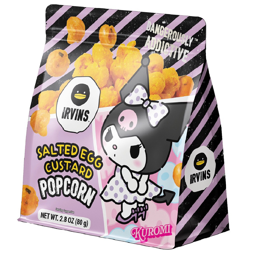 Irvins Kuromi Salted Egg Custard Popcorn 80g. เออวินส์ ป๊อปคอร์นรสคัสตาร์ดเคลือบไข่เค็ม