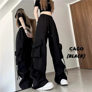 กางเกงทำงานสีดำเอวสูงกางเกงกีฬาลำลองทรงหลวม กางกางผู้หญิงwomen cargo pants กางเกงคาร์โก้ พร้อมส่งจากกทม