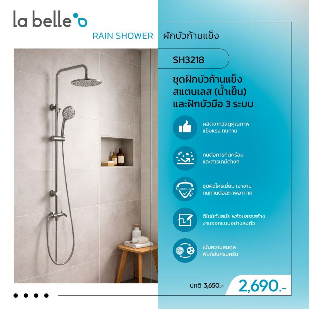 กล่องตำหนิ ชุดฝักบัวก้านแข็งสแตนเลส (น้ำเย็น) และ ฝักบัวมือ 3 ระบบ SH3218
