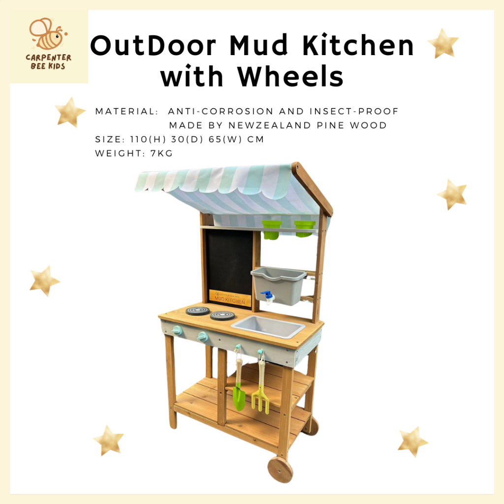 Montessori OutDoor kitchen with wheelsไม้เคลือบด้วยสารกันยุง/แมลง ครัวเด็ก ชุดครัวจำลอง ครัวของเล่น  ก็อกน้ำกดได้จริง