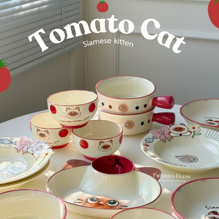 พร้อมส่ง Set tomato Cat เติมความน่ารักให้มื้ออาหาร เซรามิกลายน้องแมวมะเขือเทศ ดีไซน์น่ารัก ใช้ได้จริง