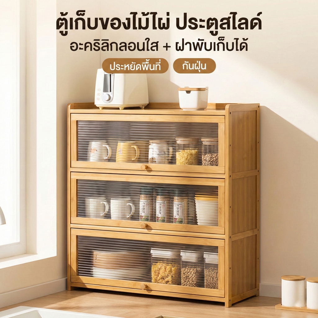 🐼 เคาเตอร์ครัว ที่เก็บของบนเคาน์เตอร์ ชั้นวางของในครัว เครื่องปรุงรส ชาม ตู้เก็บของ รูปที่ 4