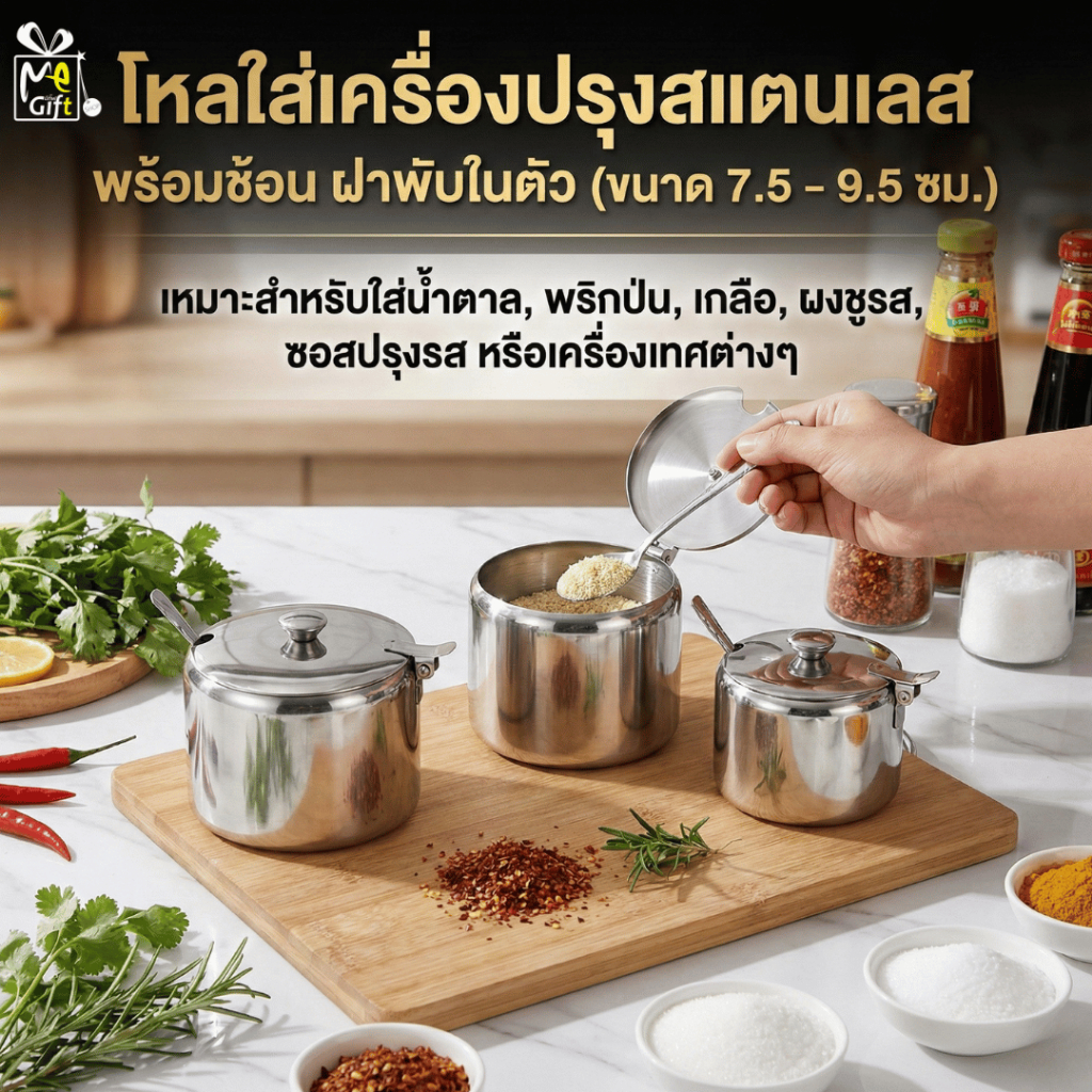 โหลใส่เครื่องปรุงสแตนเลส พร้อมช้อน ฝาพับในตัว (ขนาด 7.5 - 9.5 ซม.) สำหรับใส่น้ำตาล, พริกป่น, เกลือ,หรือเครื่องเทศต่างๆ