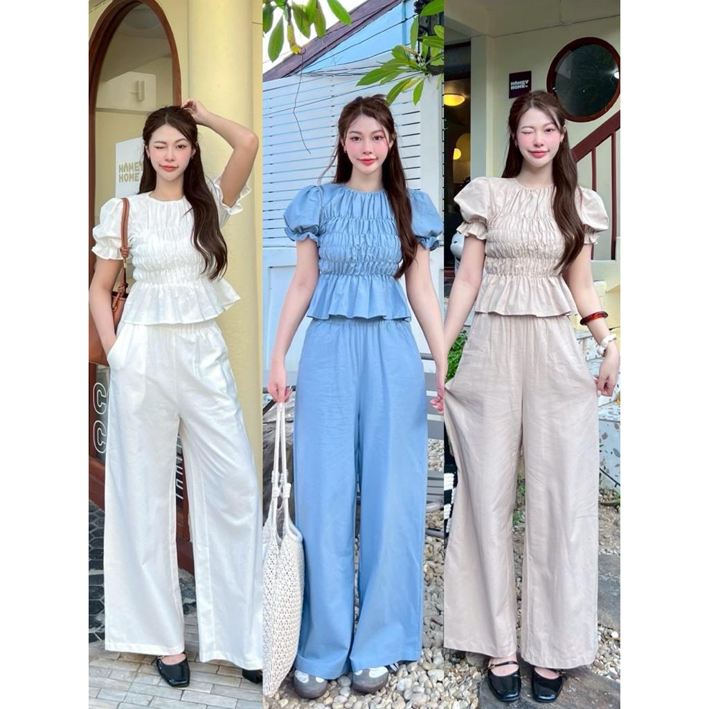 Vanila เซ็ต2ชิ้น เสื้อสม็อคทั้งตัวมาพร้อมกางเกงขายาวมีกระเป๋าล้วงสองข้าง💓