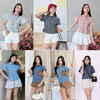 🌻(ขายดี)เสื้อเชิ้ตยีนส์คอปกแขนสั้น ดีเทลปักช่วงอก ผ้ายีนส์ D…