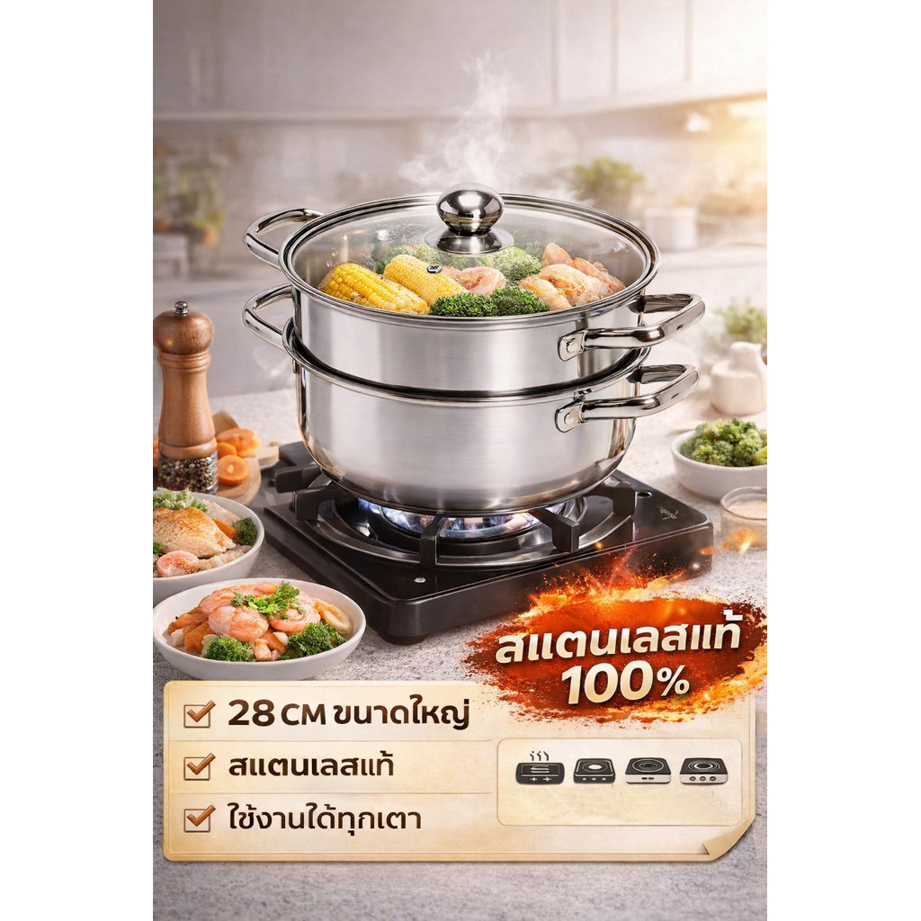 พร้อมส่ง CUIZIMATE ชุดหม้อนึ่งสแตนเลส 2 ชั้น ขนาด 28 CM สีแพลทินัม