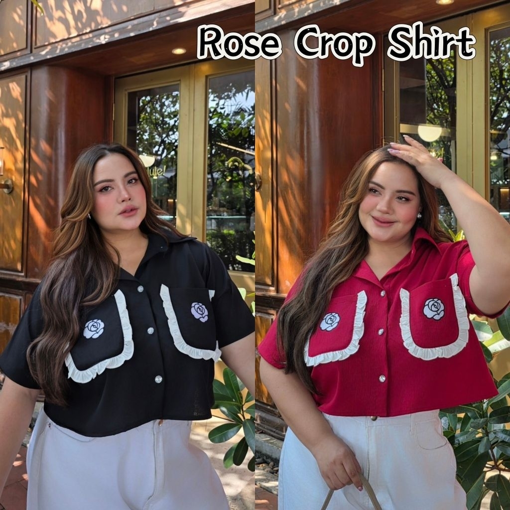Rose Crop Shirt เสื้อเชิ๊ตครอปแขนสั้นกระเป๋าแต่งระบายปักดอกกุหลาบ อก 38-64 นิ้ว