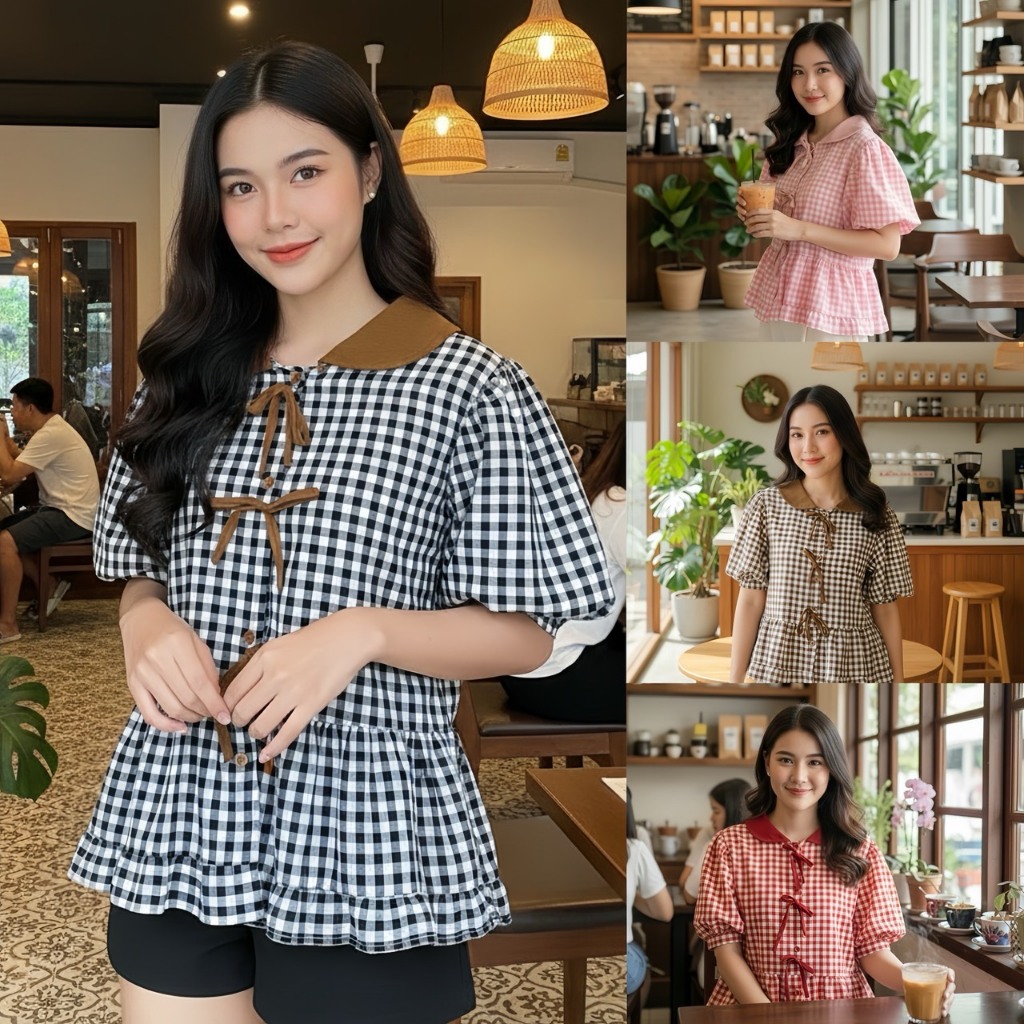 เสื้อแขนสั้นลายสก๊อต แขนตุ๊กตาเอวสม๊อค แต่งโบว์แต่งสายผูก สาวอวบใส่ได้สบาย(อกได้ถึง52นิ้ว)