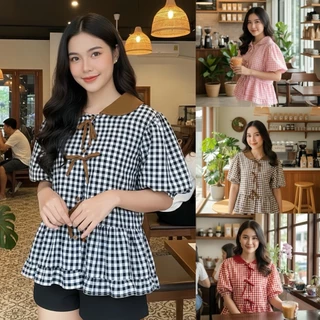 เสื้อลายสก๊อตแขนตุ๊กตาเอวสม๊อคหลัง แต่งโบว์แต่งสายผูก ผ้าดีใส่สบาย(อก28-52นิ้ว) งานไทยพร้อมส่งจากกทม