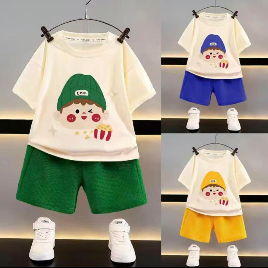 ชุดเซ็ตเด็กสุดฮิตในฤดูร้อน เสื้อ+กางเกงผ้าฝ้ายแท้ ลายการ์ตูนเด็ก สีขาว-เหลือง/ขาว-น้ำเงิน/ขาว-เขียว ใส่สบาย ใส่ได้ทั้งลู