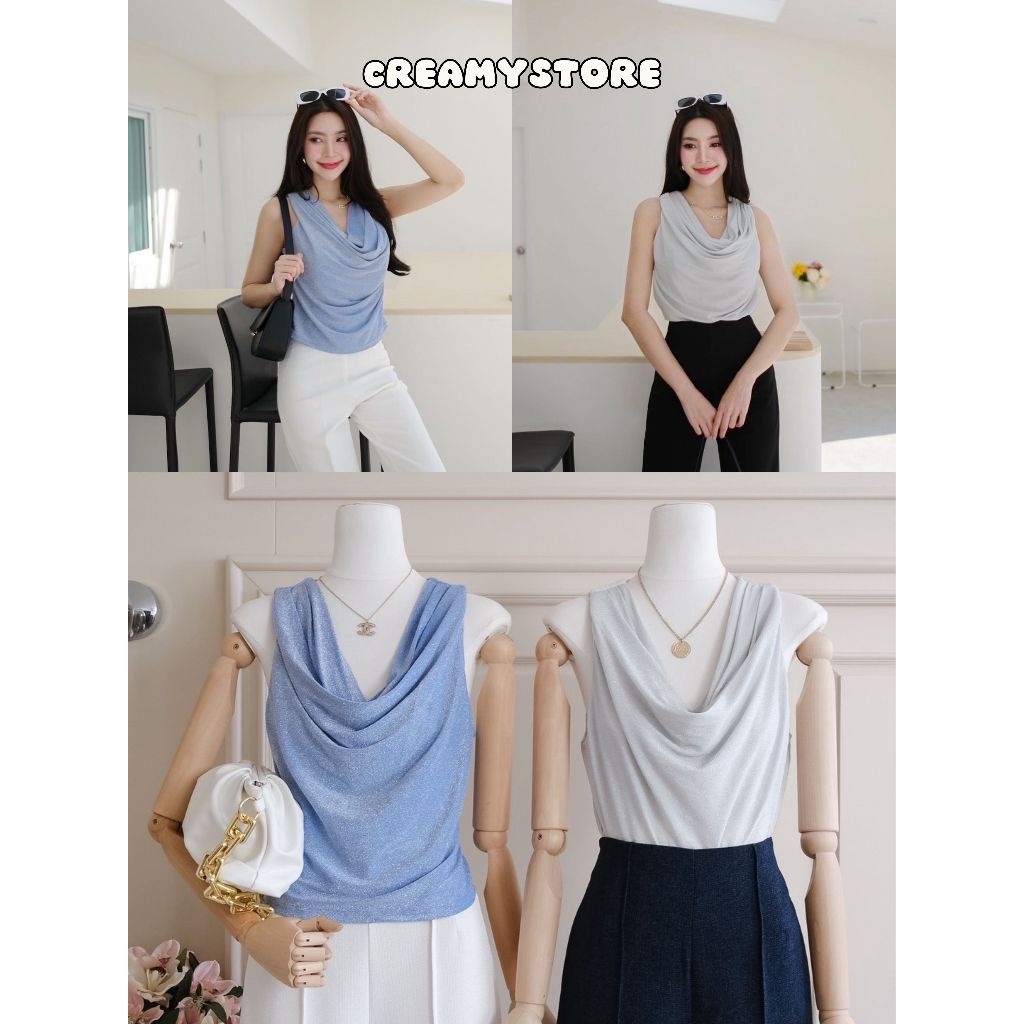 CreamyStore เสื้อคอถ่วงแขนกุด ผ้าวิ้งสวย งานป้ายPrisana