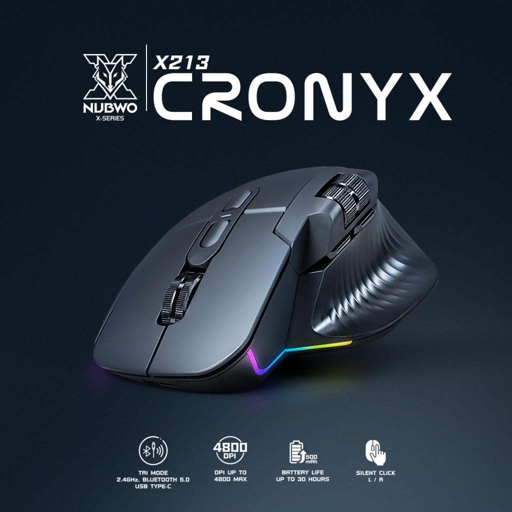 Nubwo Gaming Mouse X213 CRONYX Tri-Mode 2.4GHz Wireless/Bluetooth 5.0/USB Type-C เหมาะสำหรับสายเกมมิ