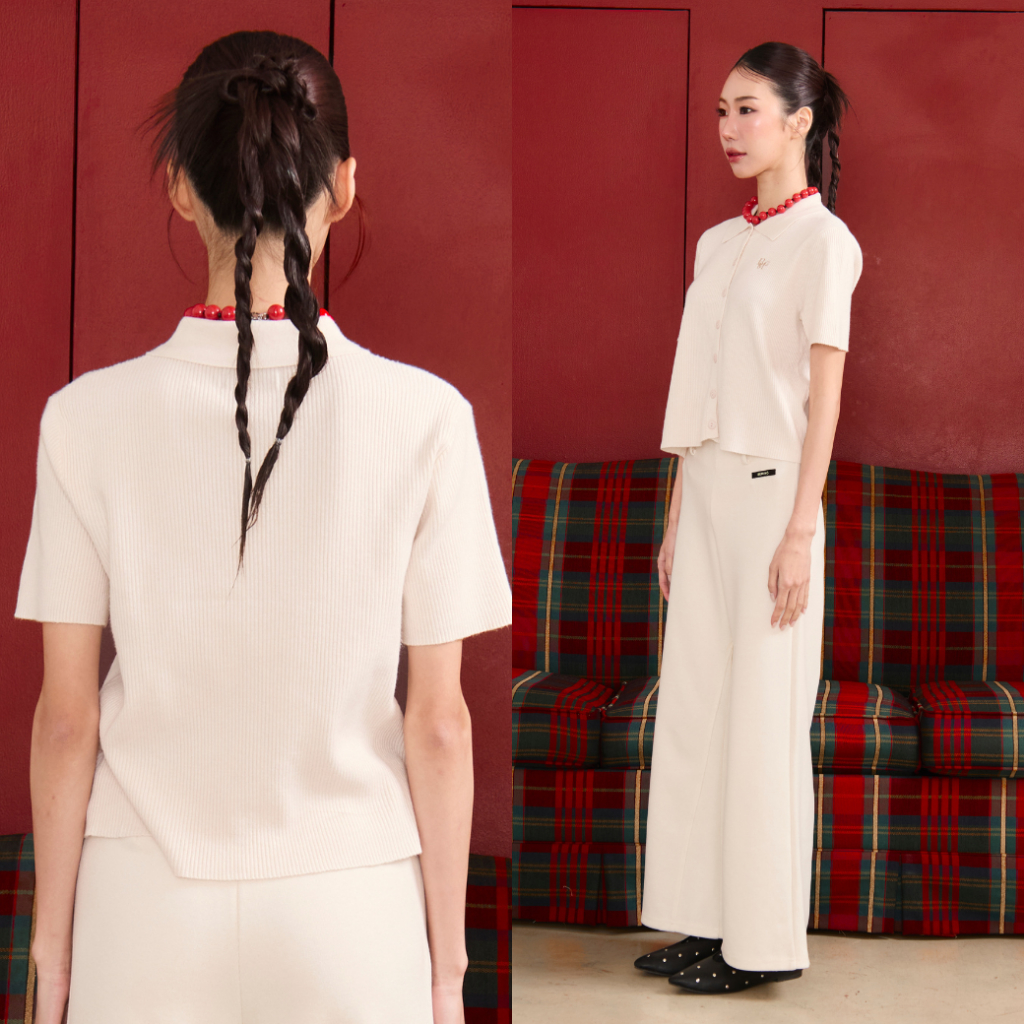 Bemingtop1104(S-XL)-BMG Polo Rib Top-เสื้อโปโลไหมพรมลายริบ ดีไซน์เรียบคอปกทรงคลาสสิก ดีเทลโลโก้ BMG - รูปที่ 3