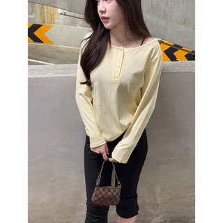 เสื้อแขนยาวแต่งกระดุม ผ้าคอตตอนนุ่มใส่สบาย ยืดได้เยอะ กระดุม 5 เม็ดใช้งานได้จริง (กระดุมแขนยาว)