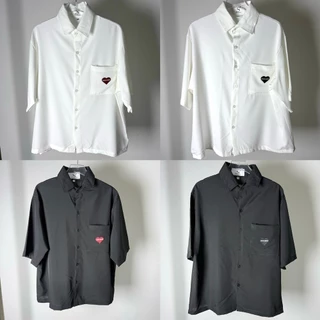 S22: เสื้อเชิ้ตแขนสั้น ปักหัวใจ ทรงครอป Boxy สีพื้น ใส่ได้ทั้งผู้ชายและผู้หญิง