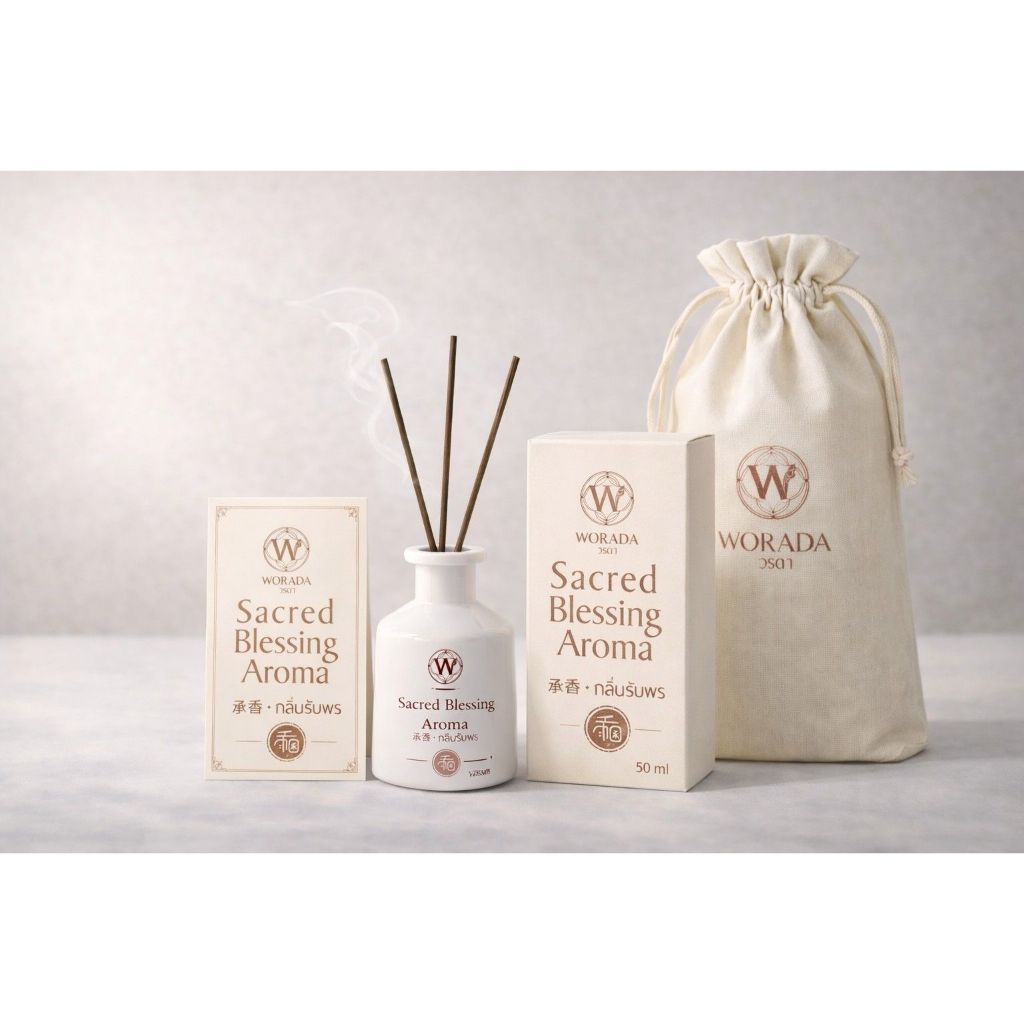 เครื่องหอมกลิ่นรับพร | ดอกบัว กำยาน ไม้กฤษณา ส้ม | พร้อมถุงผ้าและการ์ด ขนาด 50ml.