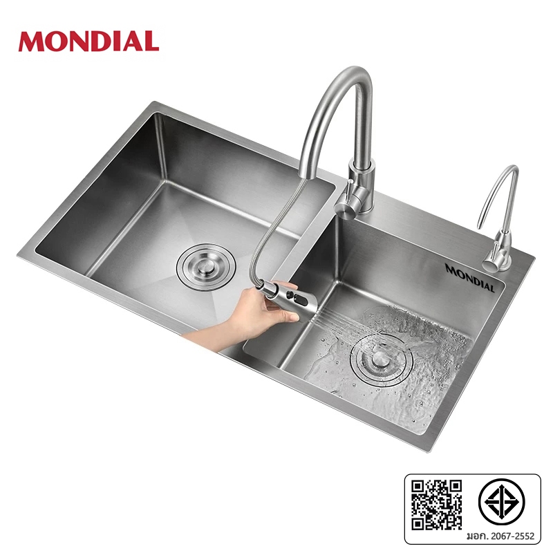 Mondial อ่างล้างจานสแตนเลส อ่างล้างจาน 2 หลุม ทำความสะอาดง่าย ไม่เป็นสนิมง่าย การทำความสะอาดโซน ความจุขนาดใหญ่