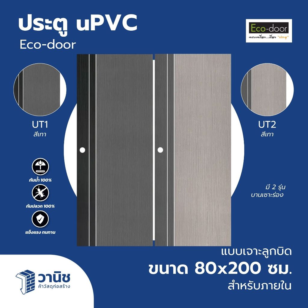 ประตู uPVC Eco-door มี 2 รุ่น UT1,UT2 สีเทา ขนาด 80 x 200 ซม. แบบเจาะลูกบิด สำหรับใช้ภายใน | กันปลวก
