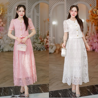 เซตเสื้อกระโปรงผ้าลูกไม้สีขาวสีชมพู [S-7XL]