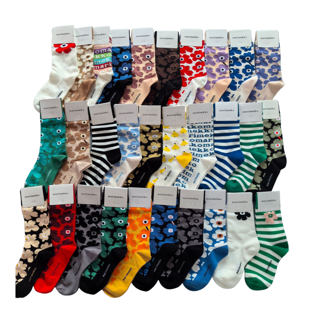 (จัดส่งทุกวันในไทย) ถุงเท้า Marimeko มารีเมโกะกว่า 100 สี ข้อยาว มีหลากหลายแบบ พร้อมส่งในไทย