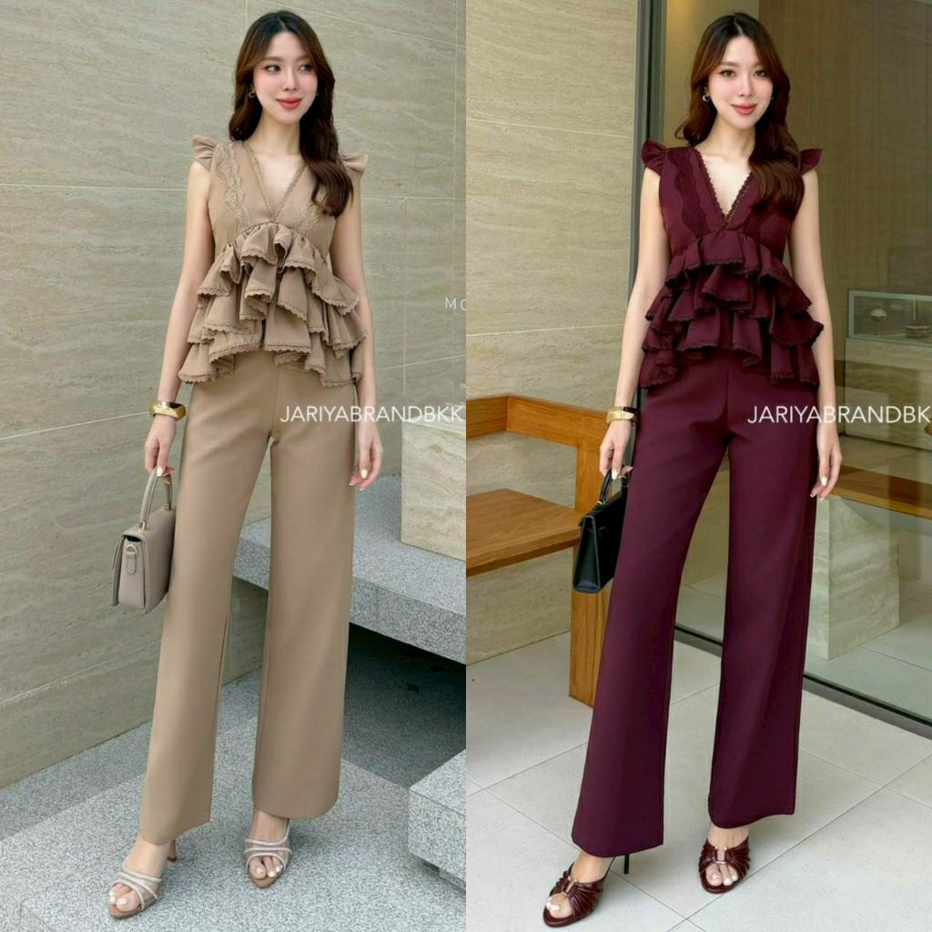 (S-XL)    Jariya   📣พร้อมส่งชุดเซ็ท2ชิ้นเสื้อคแวีแขนกุดระบาย+มาพร้อมกางเกงขายาวทรงสวยเนื้อผ้าสูท