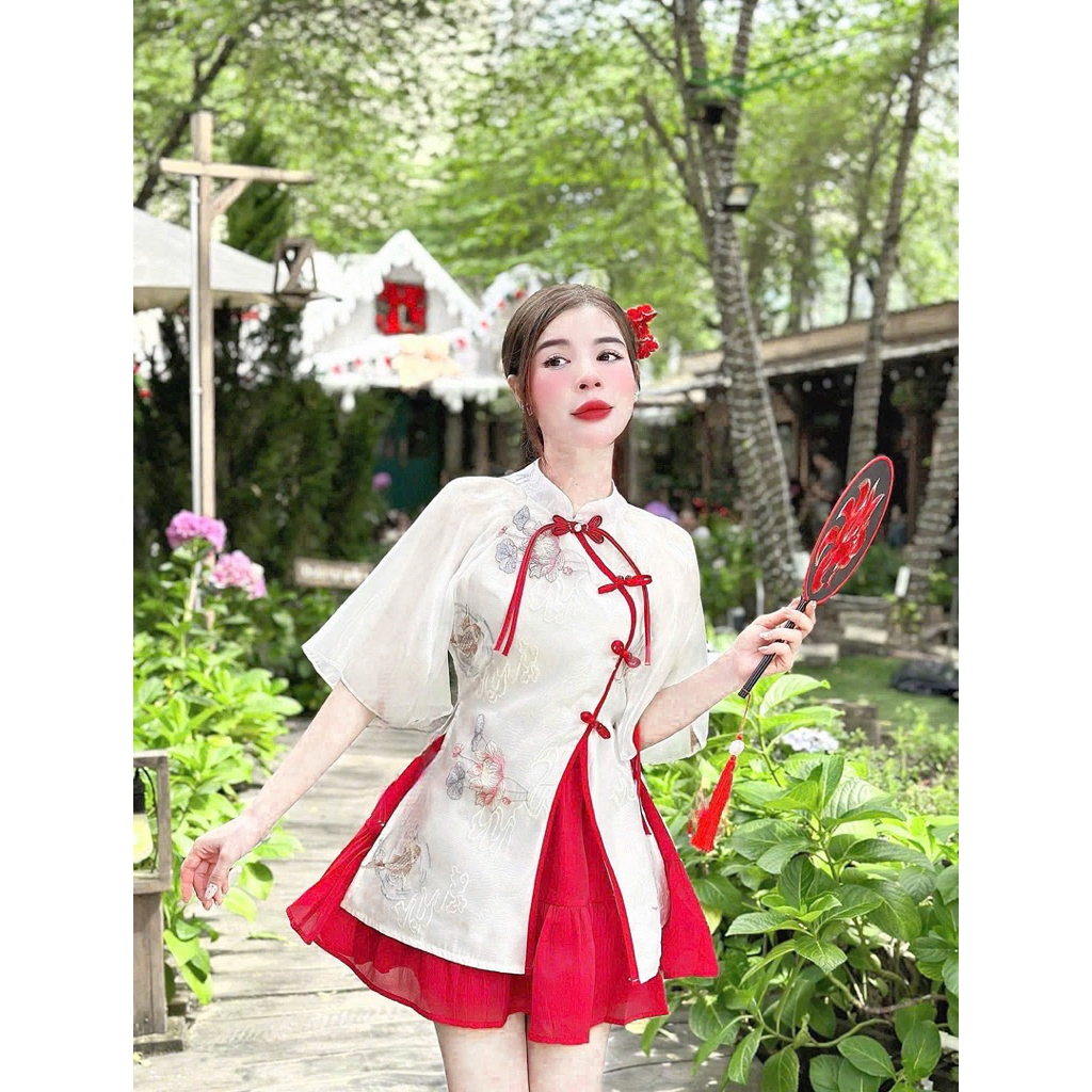 P13 พร้อมส่งในไทย ชุดเซทตรุษจีน เสื้อเชิ้ตคอจีน งานผ้าไหมปักลายปล่อยระบายปลายเสื้อซับในทั้งตัว + งานกระโปรง