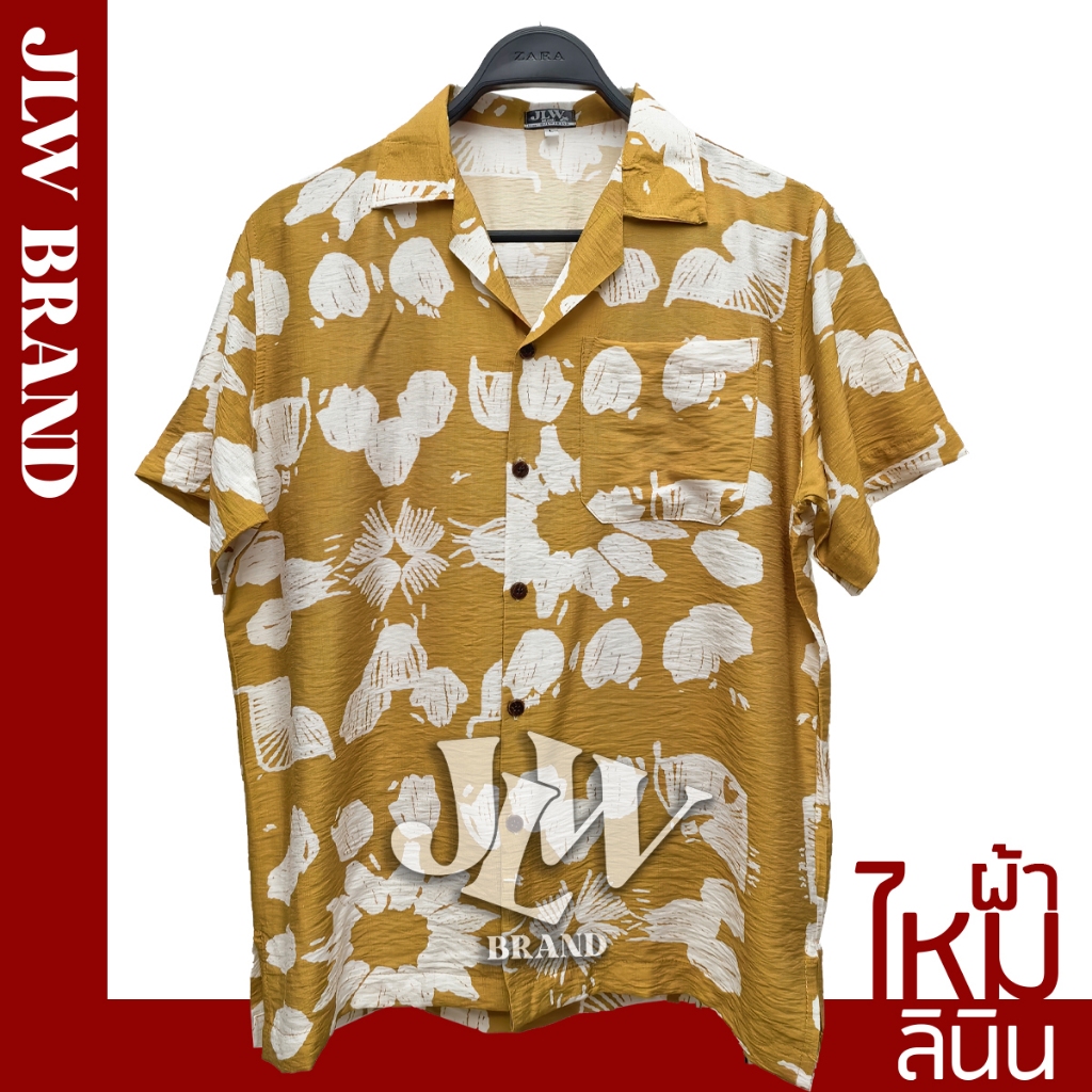 เสื้อฮาวาย ลายดอกทิวลิป เหลือง ผ้าลินินซิลค์ นิ่ม M L XL Oversize คอฮาวาย JLW BRAND