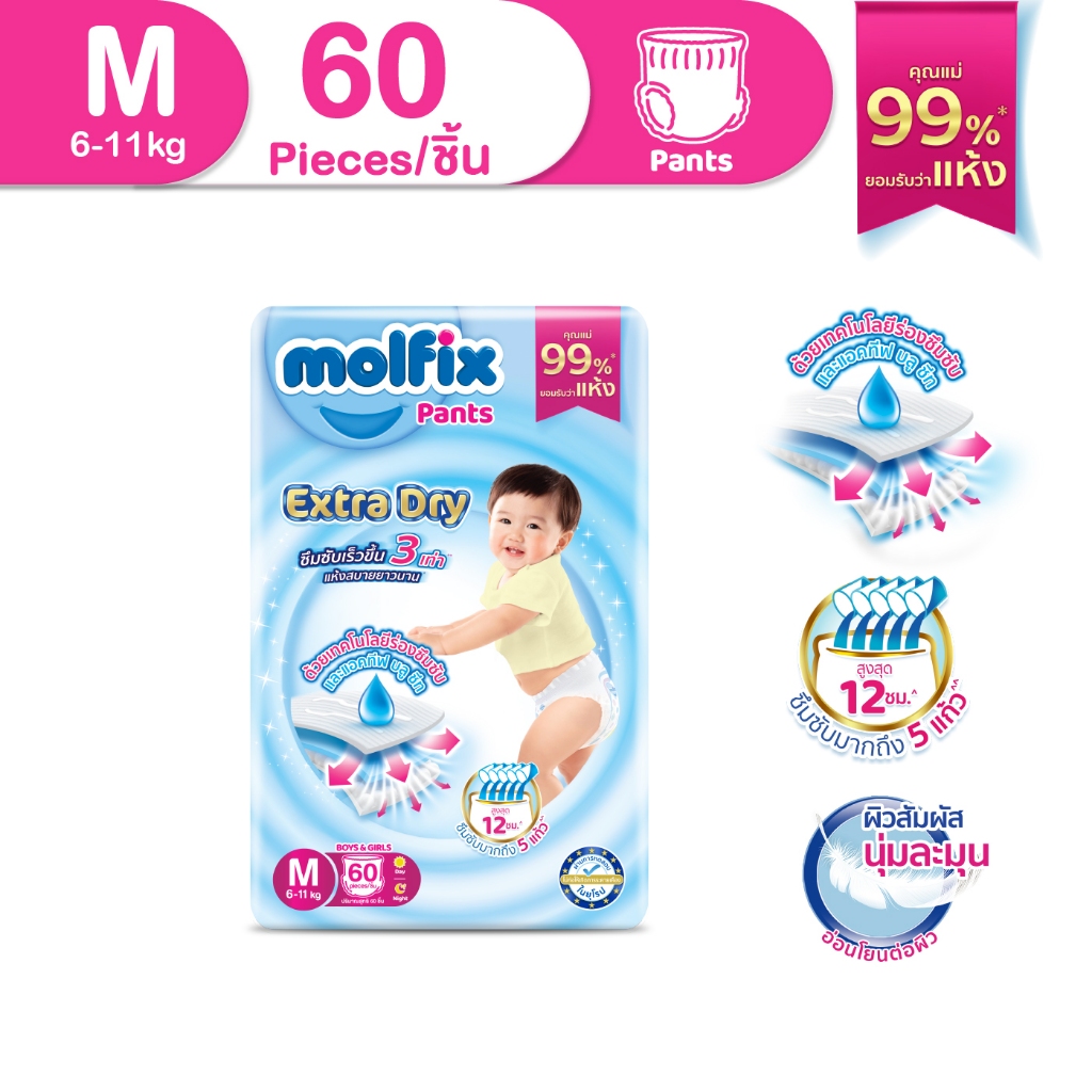 Molfix ผ้าอ้อมเด็กโมลฟิกซ์ เอ็กซ์ตร้า ดราย แพ้นส์ M 60 ชิ้น