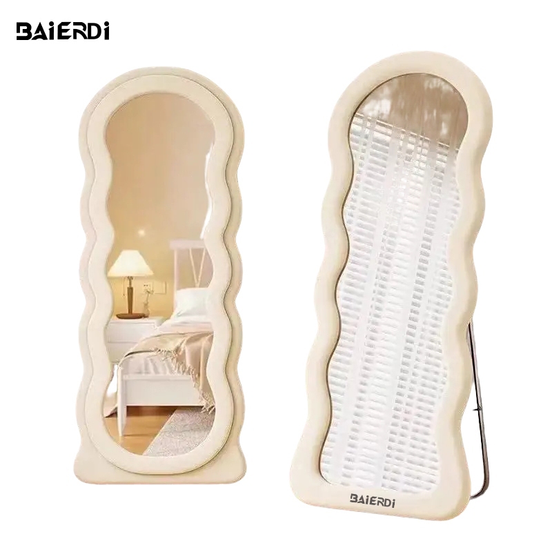 BAIERDI กระจกตั้งพื้นในห้องนอนสไตล์เน็ตไอดอล กระจกแต่งตัวเต็มตัวสไตล์ฝรั่งเศส ดีไซน์คลื่น เคลื่อนย้ายได้ ใช้ในร้านเสื้อผ