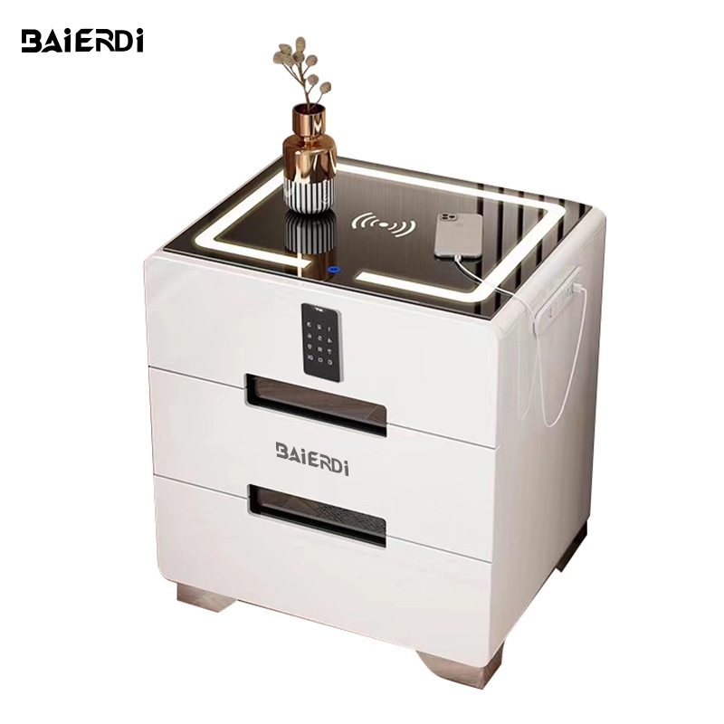 BAIERDI MALLโต๊ะข้างเตียง ห้องนอนตู้ข้างเตียงอัจฉริยะ สไตล์โมเดิร์นโมเดิร์นหลากหลายฟังก์ชัน ชาร์จไร้สาย ทำจากไม้จริง