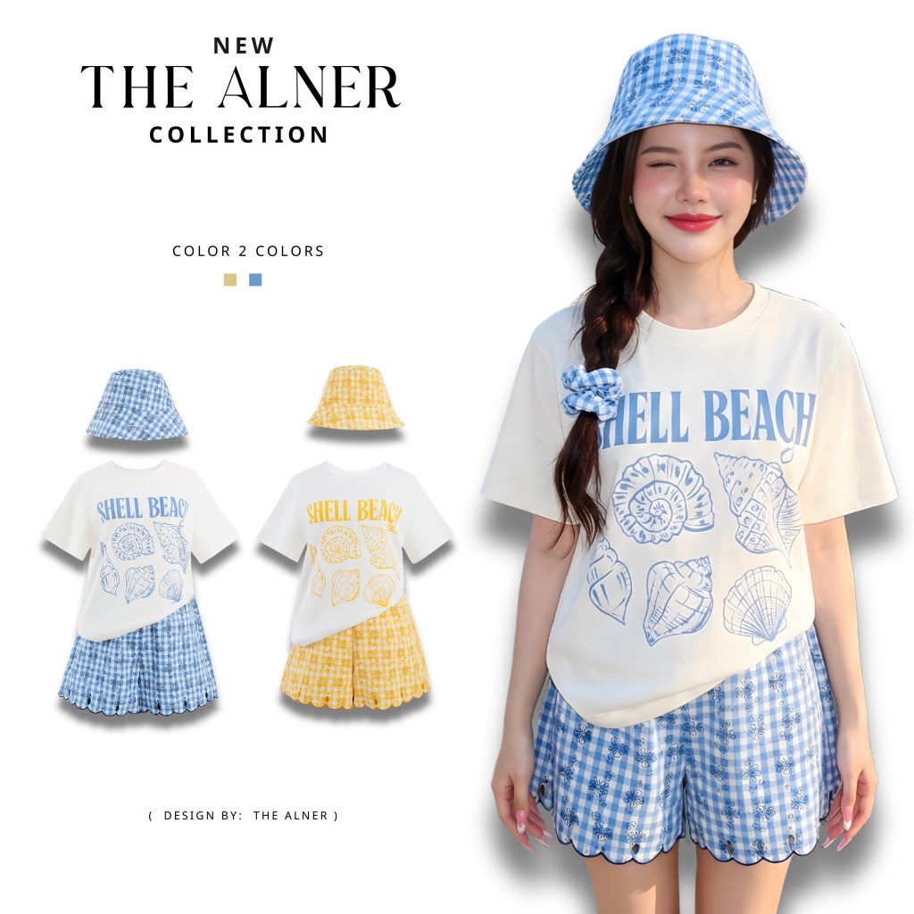Thealner- (เซตเสื้อยืดแขนสั้นกางเกงขาสั้นลายตาราง+หมวก)