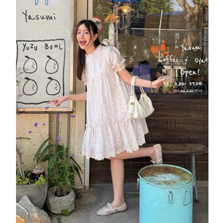 cherie dress 🌷💕🫶🏻ชุดเดรสลายดอกไม้ วินเทจ หวานพาสเทล แขนพอง กระโปรงระบาย สไตล์เกาหลี ใส่เที่ยว