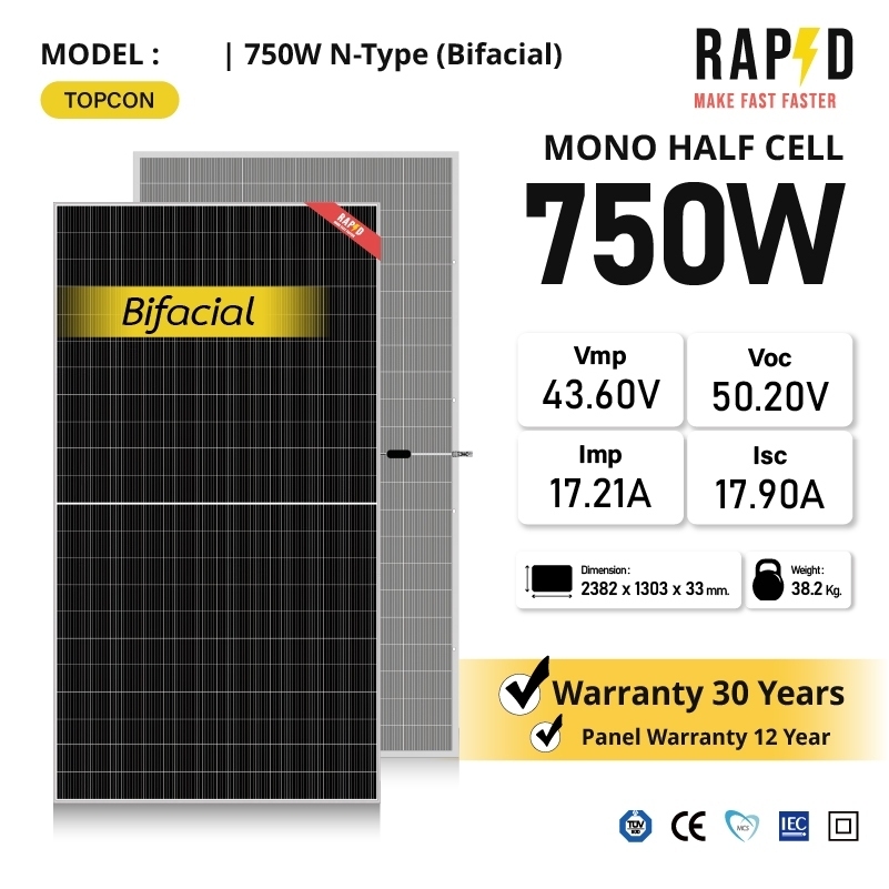 RAPD ส่งฟรี โดยร้านค้า แผงโซล่าเซลล์ 750W หมดรอของ 28/3/69 Mono Half cell (N-Type) (มีรับประกัน)