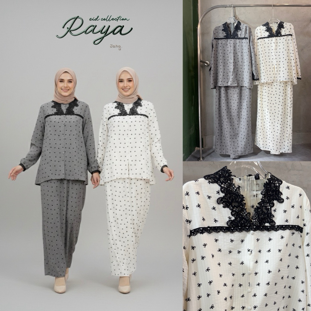 JAHA.U•NEW•RAYA•COLLECTION 2026 ;🌜MINI KURUNG ANN YAR(M7146)เนื้อผ้าคอตตอนผสมลายจุดดำเล็กๆมีกุ้นประดับ ชายเสื้อปักเวิร์ค