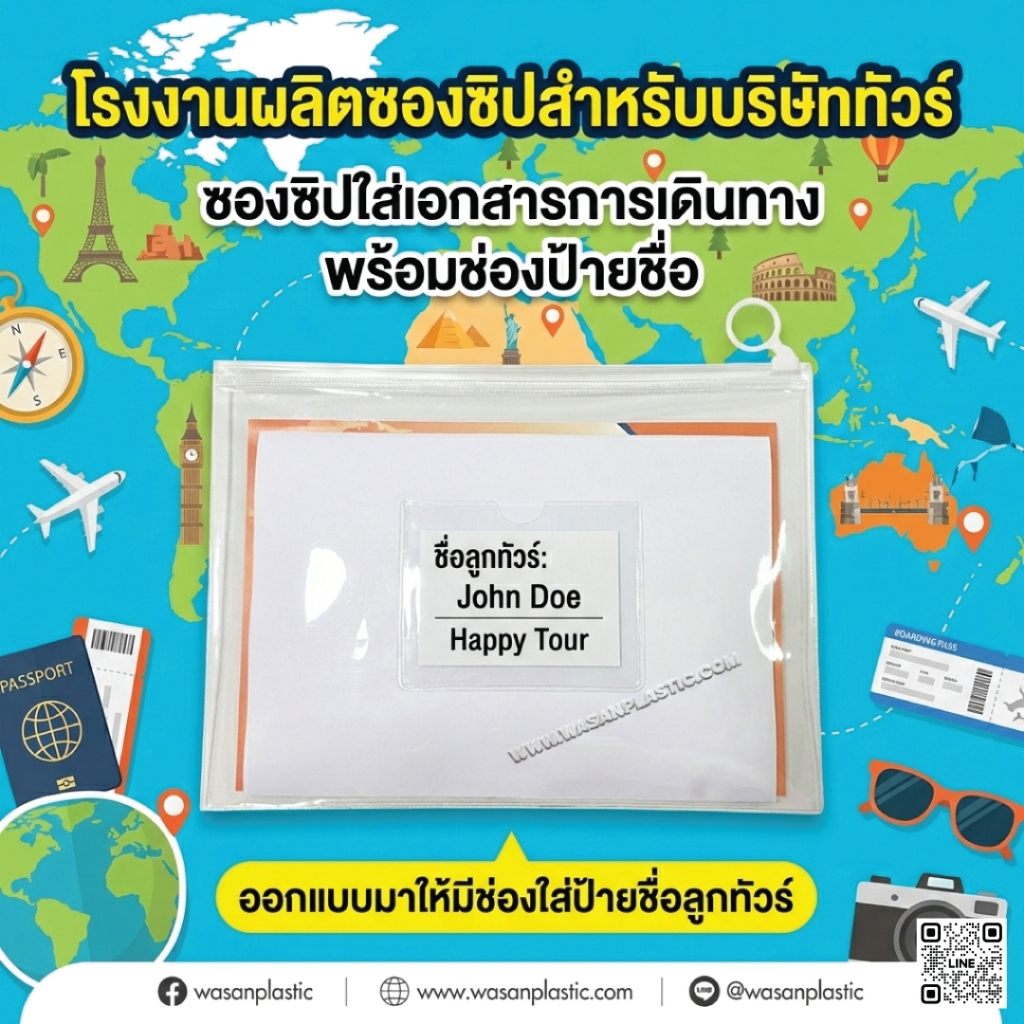ซองซิปพลาสติกพลาสติกแบบหนาหัวซิปแบบมีห่วงรูดได้ง่ายมีป้ายชื่อสำหรับใส่ชื่อลูกทัวร์
