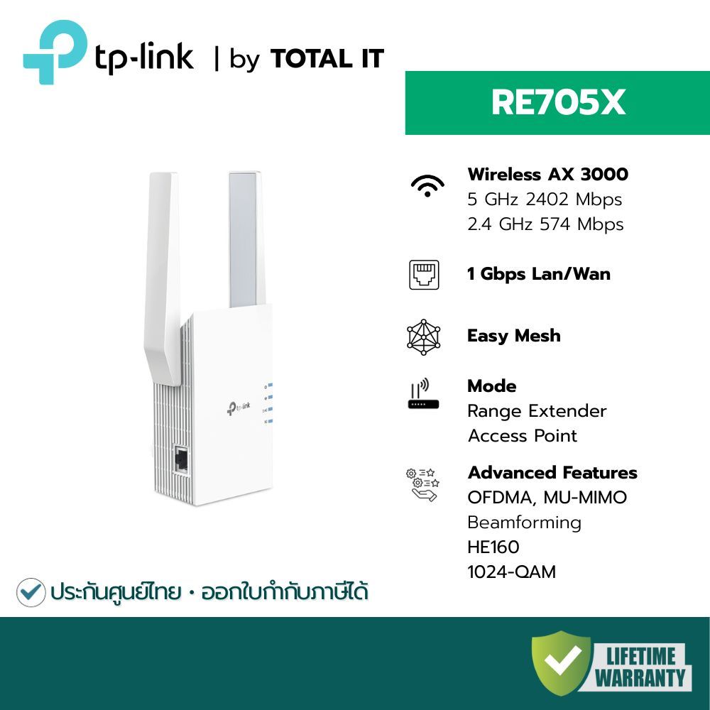 TP-Link RE705X ตัวขยายสัญญาณ WiFi 6 AX3000 | Range Extender | Repeater | ตัวดูดสัญญาณ ลดจุดอับ