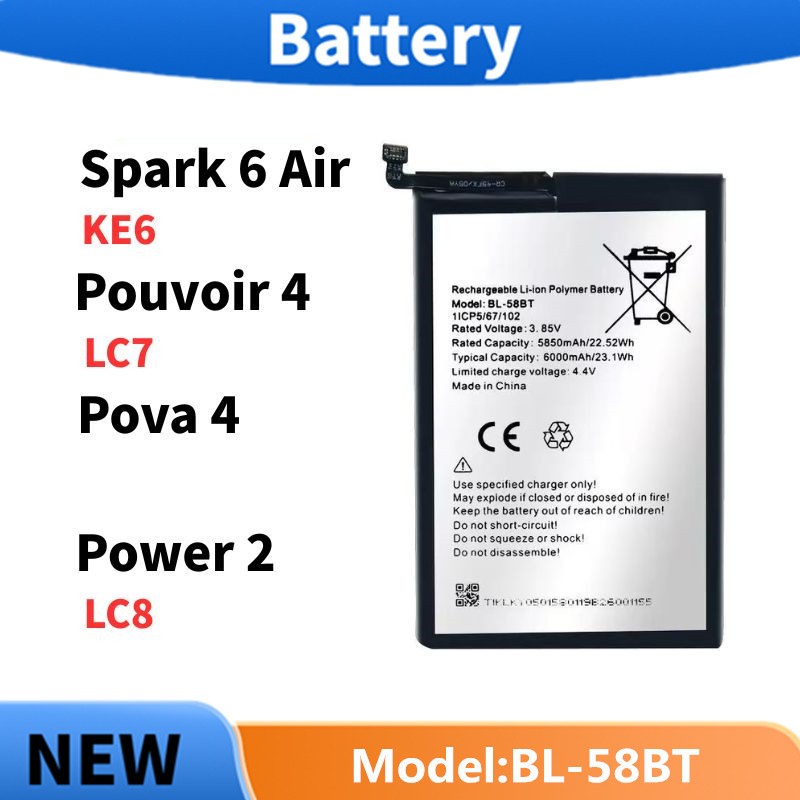 แบตเตอรี่ Battery For Tecno Spark 6 Air แบต Pova 4 / Pouvoir 4 / Power 2 KE6 LC7 LC8 ( BL-58BT )