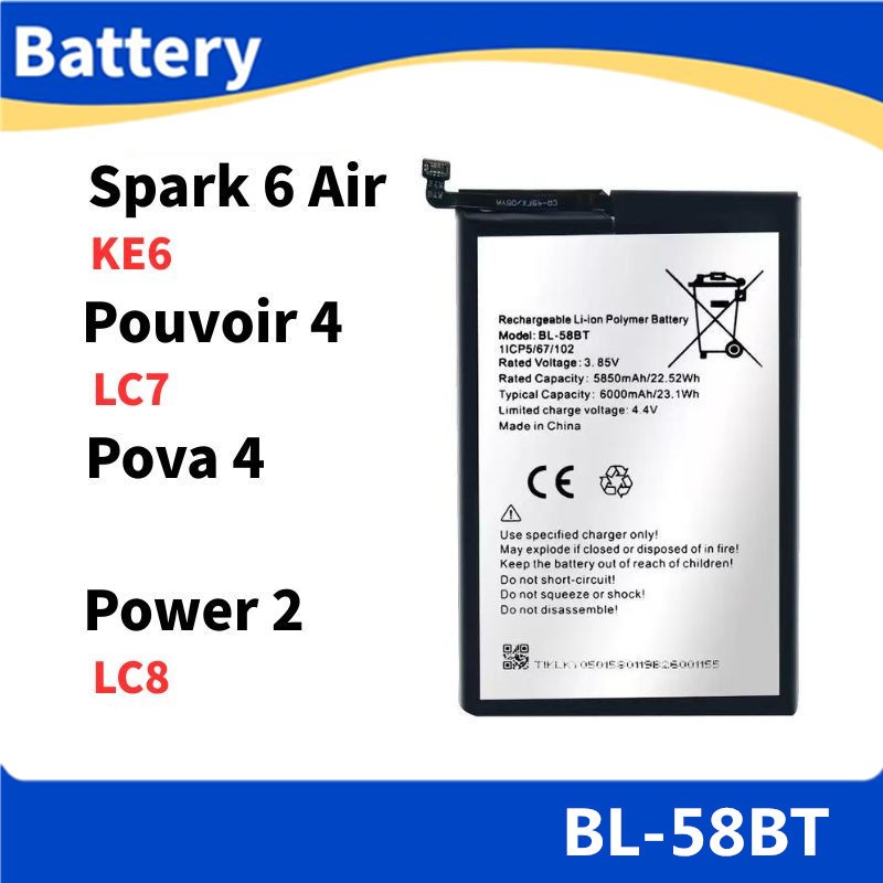 Battery for แบต TECNO spark 6 Air, pova 4, แบตเตอรี่ power 2, pouvoir 4 BL-58BT LC7 LC8