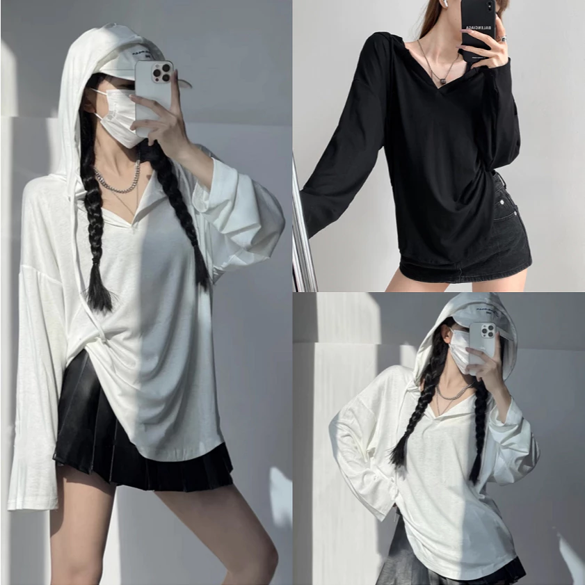 Beryl เสื้อยืดแขนยาวมีฮู้ดสไตล์ขี้เกียจสำหรับผู้หญิง เสื้อหลวมและหลากหลาย สไตล์เกาหลี