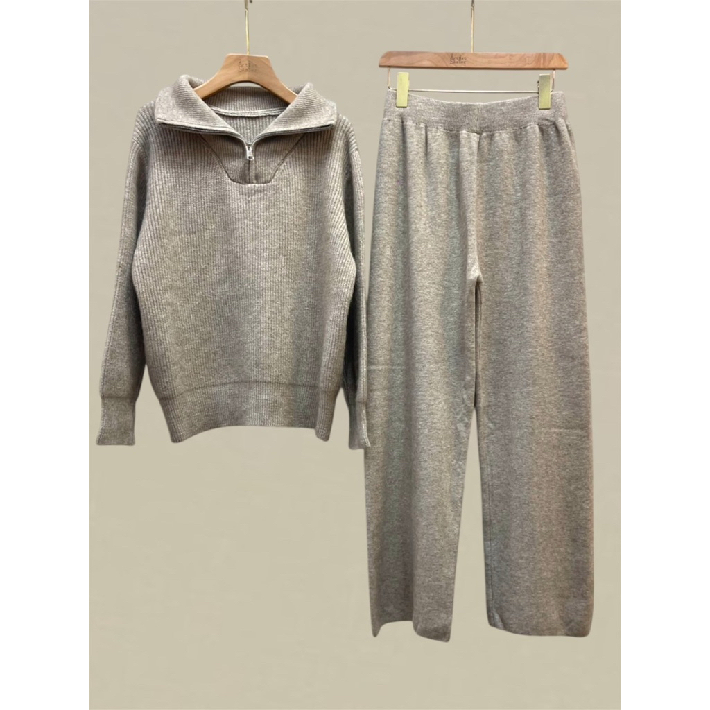 Knit Zip Collar Long Sleeve Top&Long Pant Set ราคา ถูกที่สุด ดีลบีเคเค แกลเลอรีภาพที่ 2