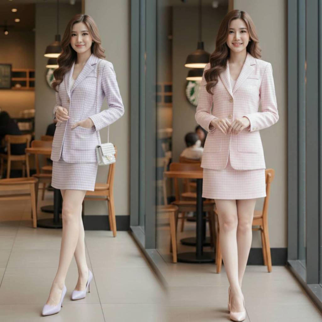 OR21676  ​ชุดเซ็ต 2 ชิ้น เสื้อสูทคอปีก+กระโปรงสั้น ลายสก็อตสุดละมุน เนื้อผ้าโพลีเอสเตอร์