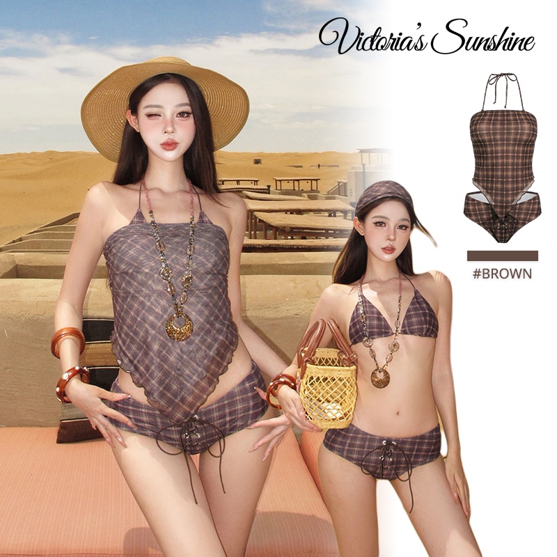พร้อมส่ง✨ ชุดว่ายน้ำ3 ชิ้น bikini set ลายสก๊อต ดีไซน์เก๋ไม่ซ้ำใคร ชุดไปทะเลสุดชิค สไตล์สายฝอ#1104