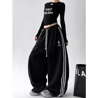 [Embroidery, striped casual pants]สไตล์อเมริกันวินเทจผู้หญิงเย็บปักถักร้อยเทรนด์สบาย ๆ ลายกางเกงขากว้าง
