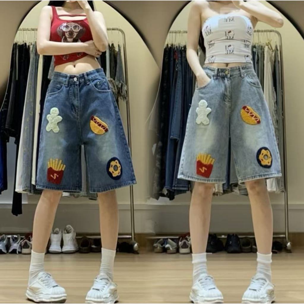 Swan shop (ไชด์S-6XL) กางเกงยีนส์ขาสั้น สามส่วน ทรงหลวม สไตล์สตรีท ลายแปะการ์ตูนน่ารัก วินเทจ พร้อมส่งจากกรุงเทพค่ะ